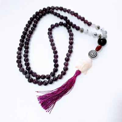 Japa Mala Buddha Amethyst and Quartz with Tourmaline