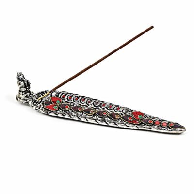 Porta Incenso Metal Prateado Colorido Folha Ganesh