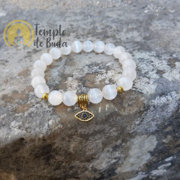 Pulseira de Selenita Olho Turco Dourada 8mm