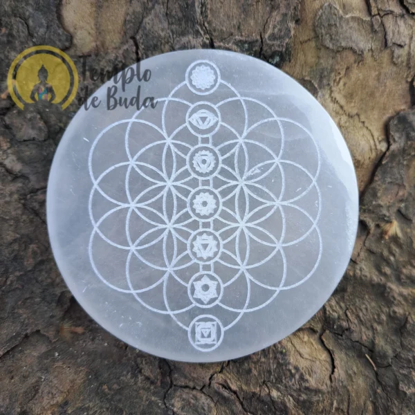 Flower of Life Round Selenite Plate with Chakras - Image 2