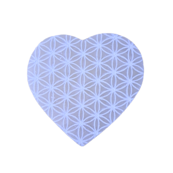Placa de Selenita Coração Flor da Vida 8 cm
