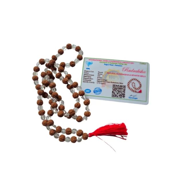 JapaMala Rudraksha e Quartzo Branco
