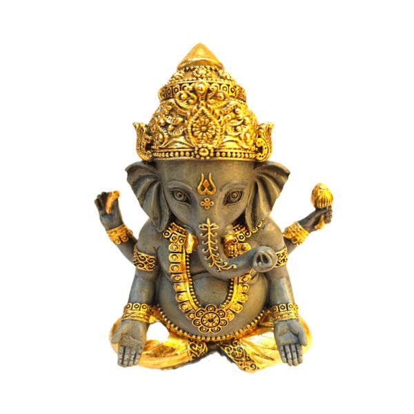Estátua Ganesha Cinza com Detalhes Dourados