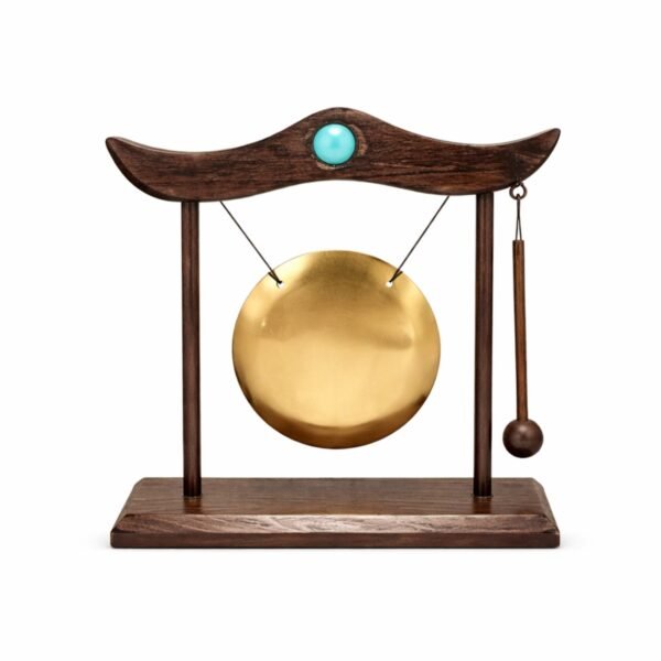 Gongo de Mesa Zen Dourado com Estrutura em Madeira
